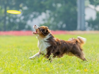 The dog catches the disk on the green grass