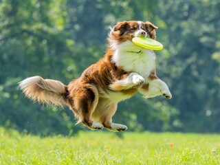 The dog catches the disk on the green grass