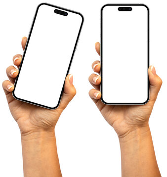 iPhone 14 Pro Silver in woman's hand - two versions, vertical and angled. PNG format for easy replacement background and device screen