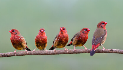 flock of bright red and white dots on it enture body perching on stright wooden branch over fine blur green background