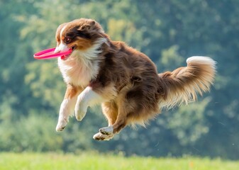 The dog catches the disk on the green grass