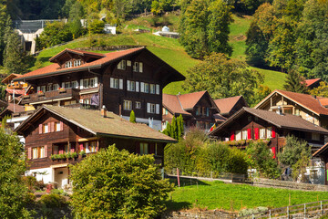 Fototapeta na wymiar Summer view of alpine village Lauterbrunnen in Swiss alps, Switzerland