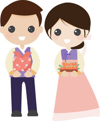 cute korean couple in traditional dress holding gift for Chuseok festival