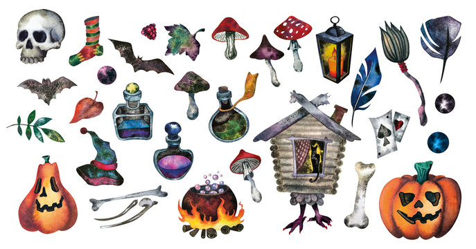 Watercolor set of halloween elements. Bright hand-drawn elements, pumpkins, hous, mushrooms, skull, a vial of poison, a lantern, leaves, a witch's hat, bats, a witch's cauldron with potion, feathers