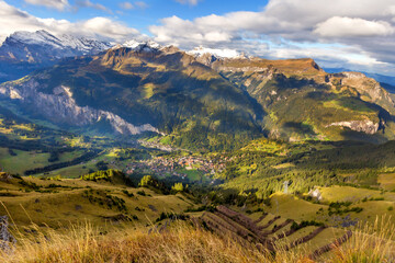 Lauterbrunnen valley, village and Staubbach waterfall in Swiss Alps, Switzerland