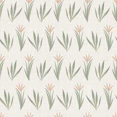 Horizontal rows of brown flowers. Tulips and leaves. Regular repeating pattern. Texture of linen fibers. Vector background for cards, wrapping or wallpaper.