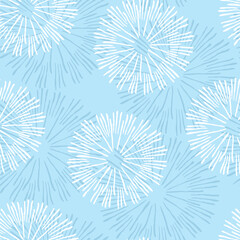 Starburst with hand-drawn lines. Winter circle texture with radial stripes. Blue seamless pattern with regular shapes. For wrapping, fabric, wallpaper or cards.