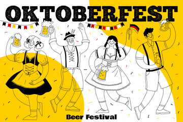 Oktoberfest banner. Beer festival. Different people in national German costumes drink beer and have fun. Vector hand drawn illustration.