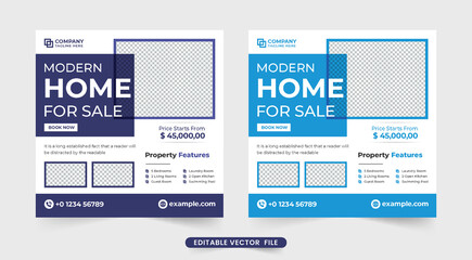 Elegant home selling business template for social media marketing. Real estate business promotional web banner vector with purple and blue colors. Minimalist home selling template for marketing.