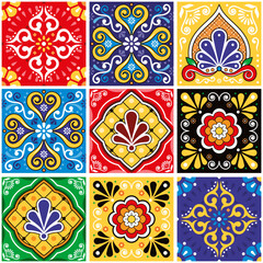Big set tiles vector seamless design, Mexican folk art style talavera pattern - mix of different tiles 