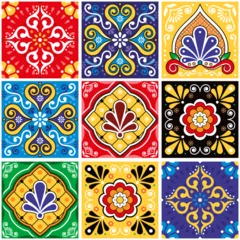 Tapeten Big set tiles vector seamless design, Mexican folk art style talavera pattern - mix of different tiles  © redkoala