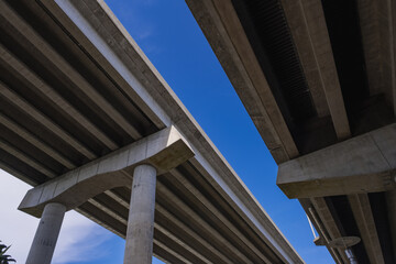 View Underneath a Large Bridge Highway on a Sunny Day with Blue Sky