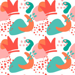 Abstract vector seamless pattern. Green. Red. Pink. Abstract figures on a white background. Textile print. Background.