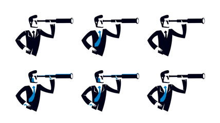 Businessman looking for opportunities in spyglass business concept vector illustration, young handsome business man searches new perspectives.