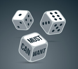 Can want and must vector business concept with rolling dices, motivation and plan.