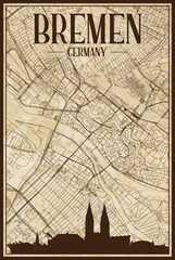 Black printout streets network map with city skyline of the downtown BREMEN, GERMANY on a vintage paper framed background