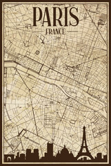 Black printout streets network map with city skyline of the downtown PARIS, FRANCE on a vintage paper framed background