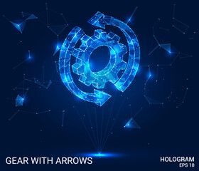 Hologram gear with arrows. A gear made of polygons, triangles of points and lines. Gear with arrows icon low polygonal connection structure. Technology concept vector.