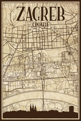 Black printout streets network map with city skyline of the downtown ZAGREB, CROATIA on a vintage paper framed background