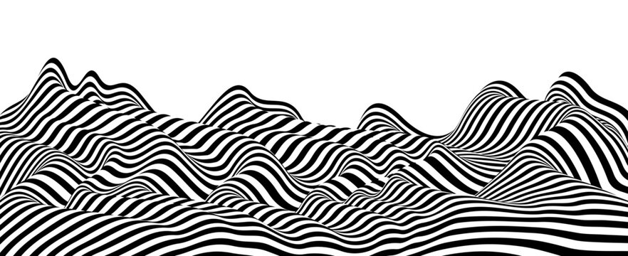 Abstract vector 3D lines background, black and white curves linear perspective dimensional terrain optical pattern.
