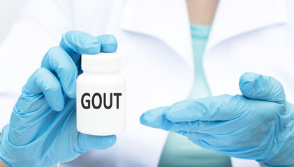 Gout text on the label of a white can in the doctor's hand, a medical concept