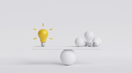 Idea concept. Bright bulbs vs. empty bulbs. Comparison of progress and growth with powerful creative thinking. and the weight of thinking analysis and processing. 3D rendering illustration