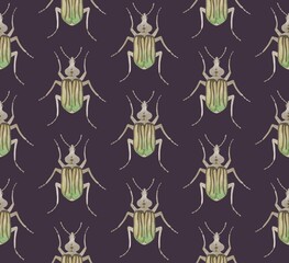 PURPLE SEAMLESS PATTERN WITH WATERCOLOR BEETLES