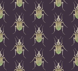 PURPLE SEAMLESS PATTERN WITH WATERCOLOR BEETLES