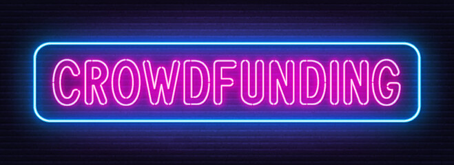 Neon lettering crowdfunding on brick wall background.