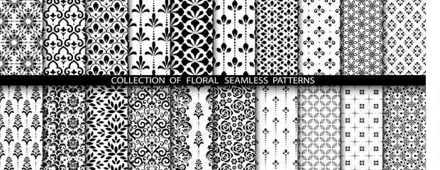 Geometric floral set of seamless patterns. White and black vector backgrounds. Simple illustrations.