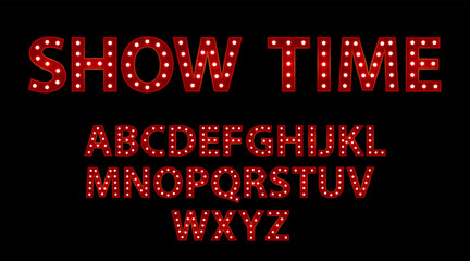 Show time. Red letters with luminous glowing lightbulbs. Vector typography words design. Bright signboard signage.