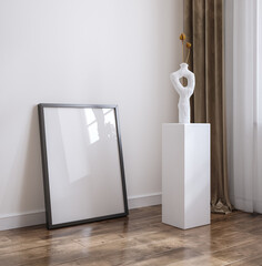 Black vertical frame mockup in minimalist interior background, 3d render