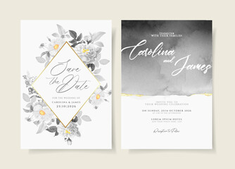 Wedding invitation card template set with floral and leaves decoration