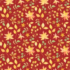 RED SEAMLESS PATTERN WITH WATERCOLOR YELLOWING AUTUMN LEAVES