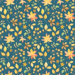 BLUE SEAMLESS PATTERN WITH WATERCOLOR YELLOWING AUTUMN LEAVES