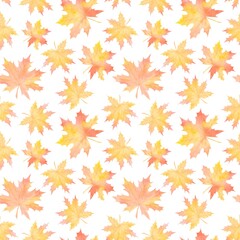 WHITE SEAMLESS PATTERN WITH WATERCOLOR YELLOWING MAPLE LEAVES