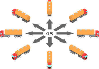Rotation of fuel truck by 45 degrees. Tank truck in different angles in isometric view.