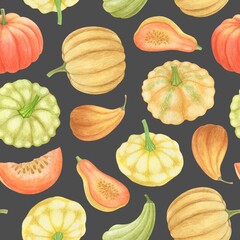 GREY SEAMLESS PATTERN WITH MULTICOLORED WATERCOLOR PUMPKINS