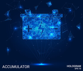 Hologram accumulator. The accumulator consists of polygons, triangles of points and lines. Battery icon low-poly connection structure. Technology concept vector.