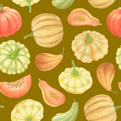 OLIVE SEAMLESS PATTERN WITH MULTICOLORED WATERCOLOR PUMPKINS