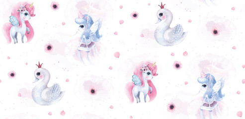Unicorn fairy swan watercolor watercolour aquarelle poster girl room decor wallpaper background cartoon hand drawn illustration t-shirt print, kids wear fashion design, baby shower invitation © yuliabikirova