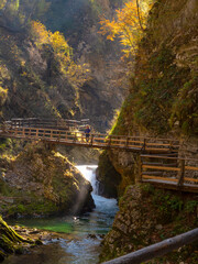 Gorgeous view of Vintgar Gorge with female tourist standing on wooden bridge