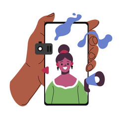 Hand holding smartphone, talking using video chat