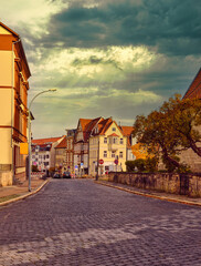 View of old town in Europe in beautiful evening light at sunset. Germany.