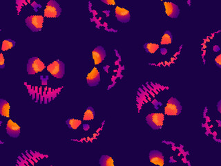 Pixel scary face with glowing eyes seamless pattern. Evil scary eyes carved in a pumpkin. Retro 8-bit video game of the 90s in 2D. Design for games, apps, banners and posters. Vector illustration