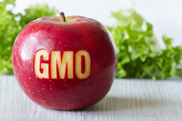 GMO text on red apple, concept of genetically modified foods - obrazy, fototapety, plakaty