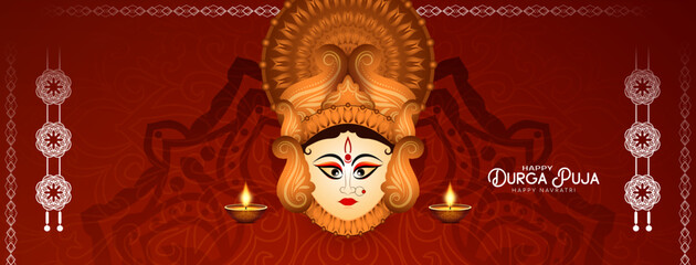 Durga Puja and Happy navratri Hindu festival banner design with goddess face