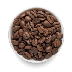 Roasted coffee beans in white bowl isolated on white. Top view.