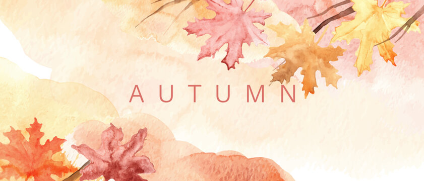 Abstract autumn watercolor art. Bright warm colors, fall leaves, trees, sky,clouds. Frame, background for text.