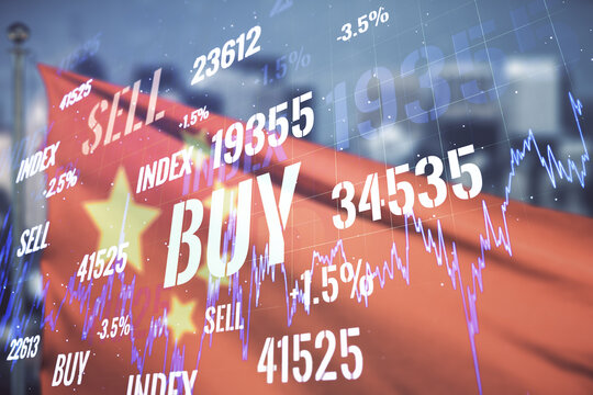 Abstract virtual financial graph hologram on Chinese flag and skyline background, financial and trading concept. Multiexposure